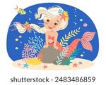 Hand drawn vector illustration of a beautiful mermaid girl with a blonde braid among seaweed and corals. Underwater sea life of coral reef