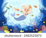 Hand drawn vector illustration of a beautiful mermaid girl with a blonde braid among seaweed and corals. Underwater sea life of coral reef