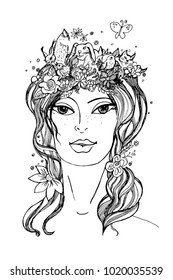 Hand drawn vector illustration. Beautiful young girl with long flowing hair. Goddess Easter with flowers, birds, rabbits and squirrel. Black and white Happy Easter poster.