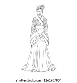 Hand drawn Vector illustration. beautiful Chinese women for adult coloring book - Vector