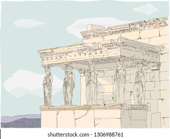 Ilustración vectorial dibujada a mano, La bella Porca Caryatida con pilares de escultura como parte del antiguo templo de Erechtheion en la Acrópolis de Atenas, Grecia. Arquitectura clásica.