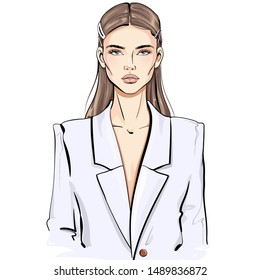 Hand drawn vector illustration. Beautiful woman in a white blazer. Fashion sketch.