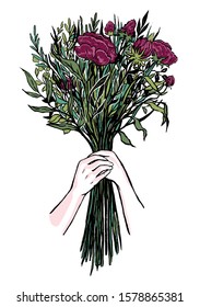 Hand drawn vector illustration. Beautiful bouquet with peonies in the hands. Vintage graphic sketches. Gentle greeting card. Colored drawing isolated on white. Element for design printing products. 
