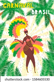 Hand drawn vector illustration with beautiful woman in bright costume, palms, Portuguese text Carnaval Brasil. Flat style design. Concept for Rio de Janeiro, Brazilian carnival poster, flyer, banner.