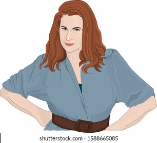 Hand drawn vector illustration. A beautiful, confident woman with auburn hair poses with hands on her hips.