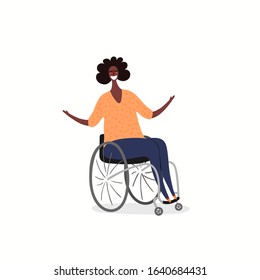 Hand drawn vector illustration of a beautiful black woman in a wheelchair. Isolated people on white background. Flat style design. Concept, element for feminism, inclusivity, womens day card, poster.