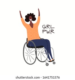 Hand drawn vector illustration of beautiful black woman in wheelchair, with quote Girl power. Isolated on white. Flat style design. Concept, element for feminism, inclusivity, womens day card, poster.