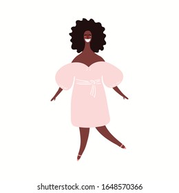 Dibujo manual de una bella joven afroamericana vestida con ropa elegante. Personas aisladas de fondo blanco. Diseño de estilo plano. Caricatura femenina. Concepto moderno de mujer, elemento.