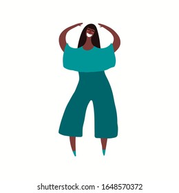 Hand drawn vector illustration of a beautiful african american girl in stylish clothes. Isolated people on white background. Flat style design. Female cartoon character. Modern woman concept, element.