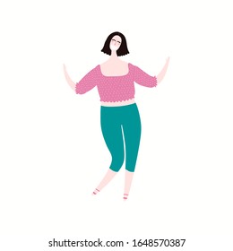 Hand drawn vector illustration of a beautiful girl in stylish casual clothes. Isolated people on white background. Flat style design. Female cartoon character. Modern woman concept, element.