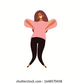Hand drawn vector illustration of a beautiful dark skinned girl in stylish casual clothes. Isolated people on white. Flat style design. Female cartoon character. Modern woman concept, element.