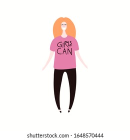 Hand drawn vector illustration of a beautiful girl in casual clothes. Isolated people on white background. Flat style design. Female cartoon character. Modern woman concept, element.