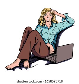 Hand drawn vector illustration. Beautiful woman with a laptop sitting on a sofa. Successful business woman concept. Colored cartoon graphic picture isolated in white. Sketch, vintage, engraving style.