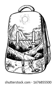  Ilustración vectorial dibujada a mano. Hermoso paisaje en mochila. Concepto de senderismo y viajes. Elemento de esquema aislado en blanco. Grabado retro. Diseño para banner, impresión, postal, pantalones-t, tipografía.