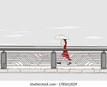 Hand drawn vector illustration. A beautiful woman crossing a bridge on a rainy day carrying an umbrella, with clouds in the sky.