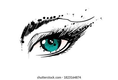 Ilustración vectorial dibujada a mano. Hermosa maquillaje de ojos de mujer. Esbozo de moda. Ojo verde.