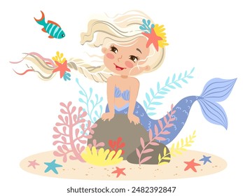 Hand drawn vector illustration of a beautiful mermaid girl with a blonde braid among seaweed and corals. Underwater sea life of coral reef