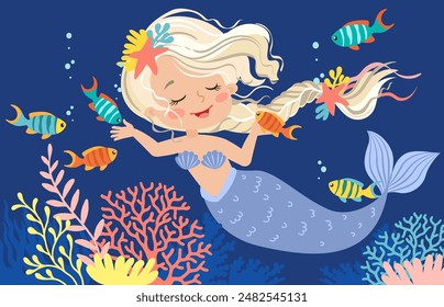 Hand drawn vector illustration of a beautiful mermaid girl with a blonde braid among seaweed and corals. Underwater sea life of coral reef