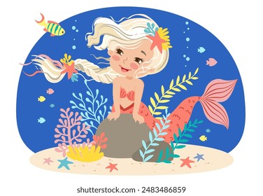 Hand drawn vector illustration of a beautiful mermaid girl with a blonde braid among seaweed and corals. Underwater sea life of coral reef