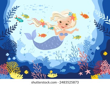 Hand drawn vector illustration of a beautiful mermaid girl with a blonde braid among seaweed and corals. Underwater sea life of coral reef