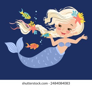 Hand drawn vector illustration of Beautiful Girl Mermaid with a blonde braid. Underwater marine life of a coral reef stonefish