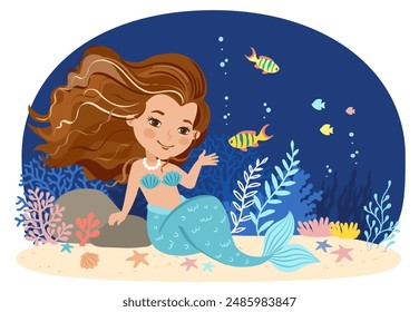 Hand drawn vector illustration of a beautiful mermaid girl sitting on ocean floor among seaweed and corals. Underwater sea life of coral reef