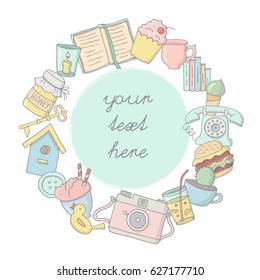 Hand drawn vector illustration. Beautiful cute round frame with vintage things. Different elements in pastel colors. Retro theme. Mint circle, place for your text