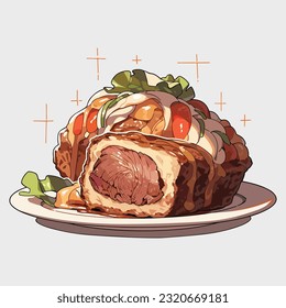 Ilustración vectorial dibujada por mano de una ternera Wellington