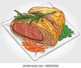 Hand drawn vector illustration of a Beef Wellington dish with peas, carrot and rosemary on a plate.