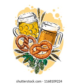 Hand drawn vector illustration with beer mugs, pretzels, hop and wheat ears