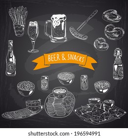 Hand drawn vector illustration. Beer and snacks set. Vintage. Sketch. Chalkboard.