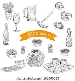 Hand Drawn Vector Illustration. Beer And Snacks Set. Vintage. Sketch. 