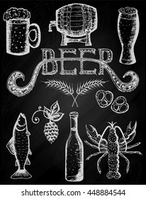 Hand drawn vector illustration, beer set, beer icon, beer symbols. Oktoberfest set of beer on a chalkboard