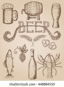 Hand drawn vector illustration, beer set, beer icon, beer symbols. Oktoberfest set of beer. Brown outlines on beige background