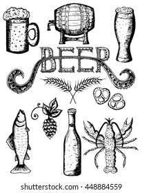 Hand drawn vector illustration, beer set, beer icon, beer symbols. Oktoberfest set of beer