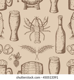 Hand drawn vector illustration, beer set, seamless pattern, beer icon, beer symbols. Oktoberfest set of beer. Brown outlines on beige background