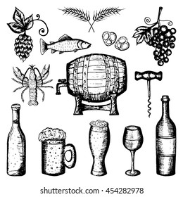 Hand drawn vector illustration, beer and wine set, beer and wine symbols. Restaurant, bar menu design. Black outlines on white background