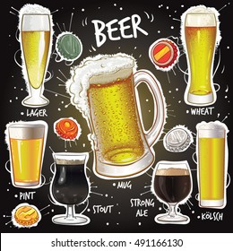 Hand drawn vector illustration of Beer and Beer Glass varieties; Lager, Wheat Beer, German Beer, Stout, Strong Ale, Pint of Beer, Beer in Mug and Beer caps.