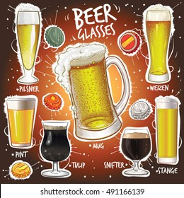 Hand drawn vector illustration of Beer and Beer Glass varieties with beer caps.