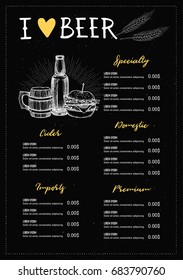 Hand drawn vector illustration - Beer menu (Light / Dark / Red / White). Perfect for restaurant brochure, cafe flyer, delivery. Design template with illustrations in sketch style.