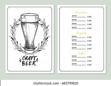 Hand drawn vector illustration - Beer menu (Light / Dark / Red / Craft). Alcoholic beverages. Perfect for restaurant brochure, cafe flyer, delivery. Design template with illustrations in sketch style