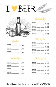 Hand drawn vector illustration - Beer menu (Light / Dark / Red / White). Alcoholic beverages. Perfect for restaurant brochure, cafe flyer, delivery. Design template with illustrations in sketch style.