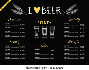 Hand drawn vector illustration - Beer menu (Light / Dark / Red / White). Perfect for restaurant brochure, cafe flyer, delivery. Design template with illustrations in sketch style.