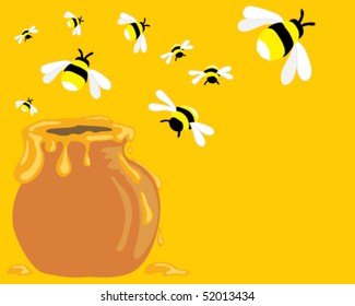 hand drawn vector illustration of bees flying around a pot of honey on a golden background