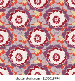 Hand drawn vector illustration in beige, purple and red colors. Abstract print with stylized random elements and flowers. Exotic seamless pattern in retro style.
