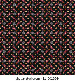 Hand drawn vector illustration in beige, pink and black colors. Abstract print with stylized random elements and flowers. Exotic seamless pattern in retro style.