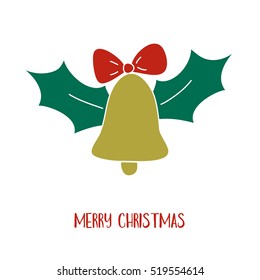Hand Drawn Vector Illustration of bell with bow and holly berry leaves. Merry Christmas Card
