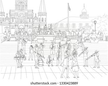 Hand drawn vector illustration. A big brass band performs jazz music to a crowd in Jackson Square in the French Quarter, with the St. Louis Cathedral in the distance.