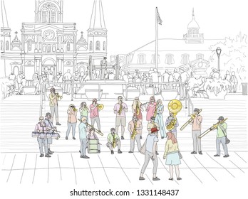 Hand drawn vector illustration. A big brass band performs jazz music to a crowd in Jackson Square in the French Quarter, with the St. Louis Cathedral in the distance.