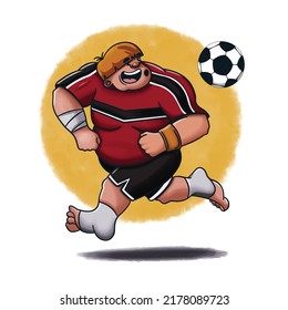 hand drawn vector illustration, a big guy playing soccer not wearing football boots